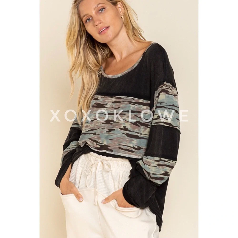 POL Long Sleeve Premium Tee Camo Print Color Block Relaxed Fit Layering - Picture 8 of 8